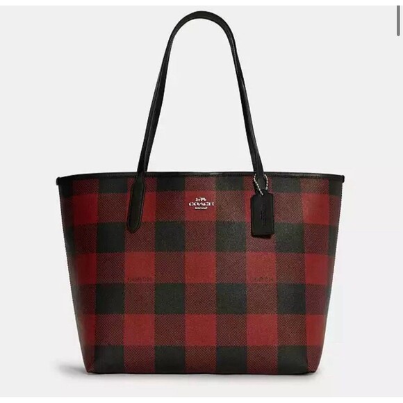 COACH Red & Black Buffalo Plaid City Tote Bag - Picture 1 of 11